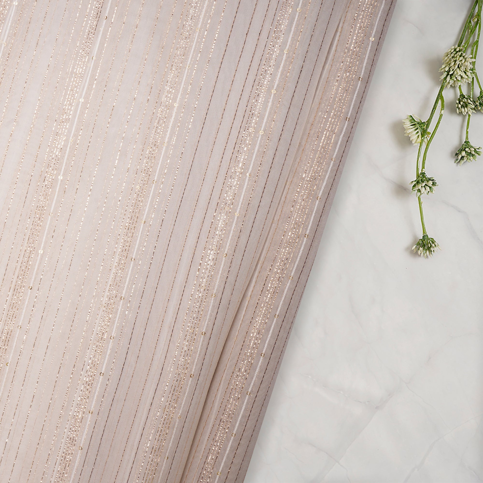 Off White-Gold Zari Striped Pattern Dyeable Viscose Organza Fabric