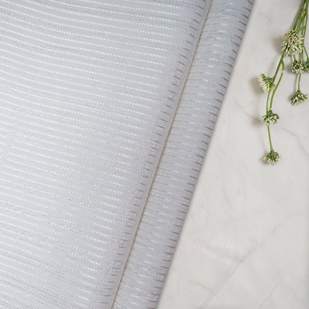 White Color Embroidered Plain Cotton Fabric With Lurex Striped