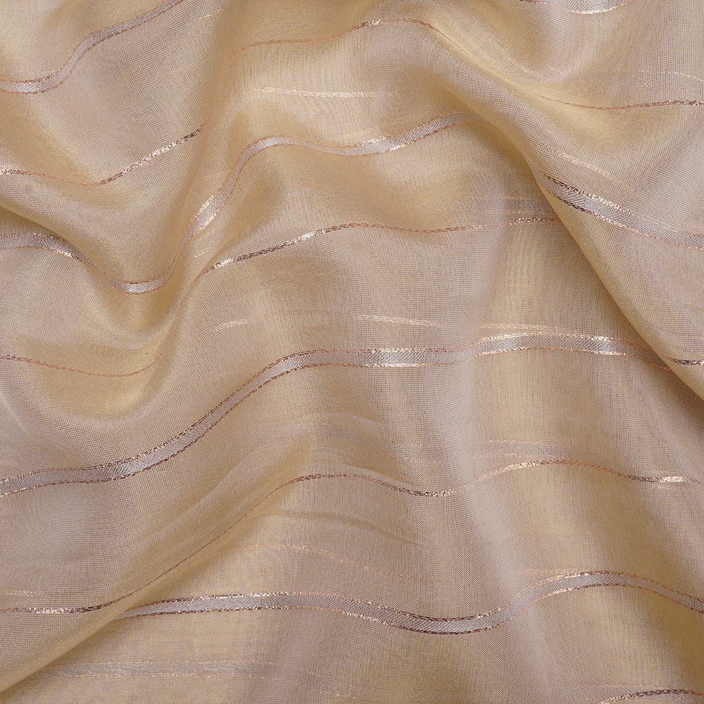 Cream-Gold Stripe Pattern Fancy Viscose Organza Tissue Fabric