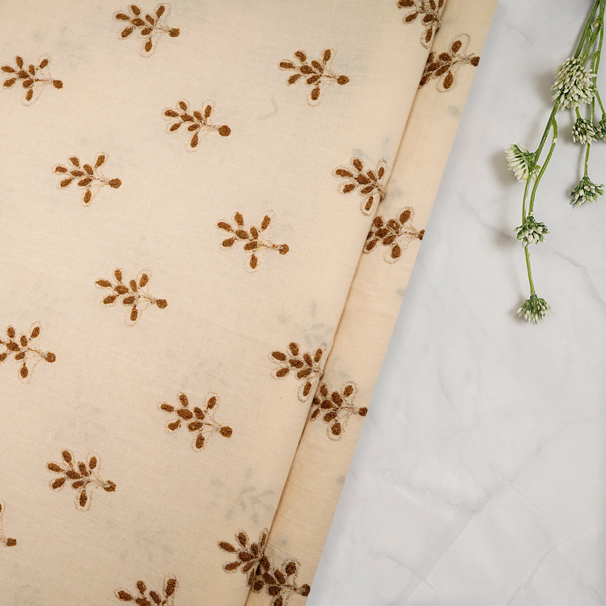 Cream Color Embroidered Cotton Voile Fabric