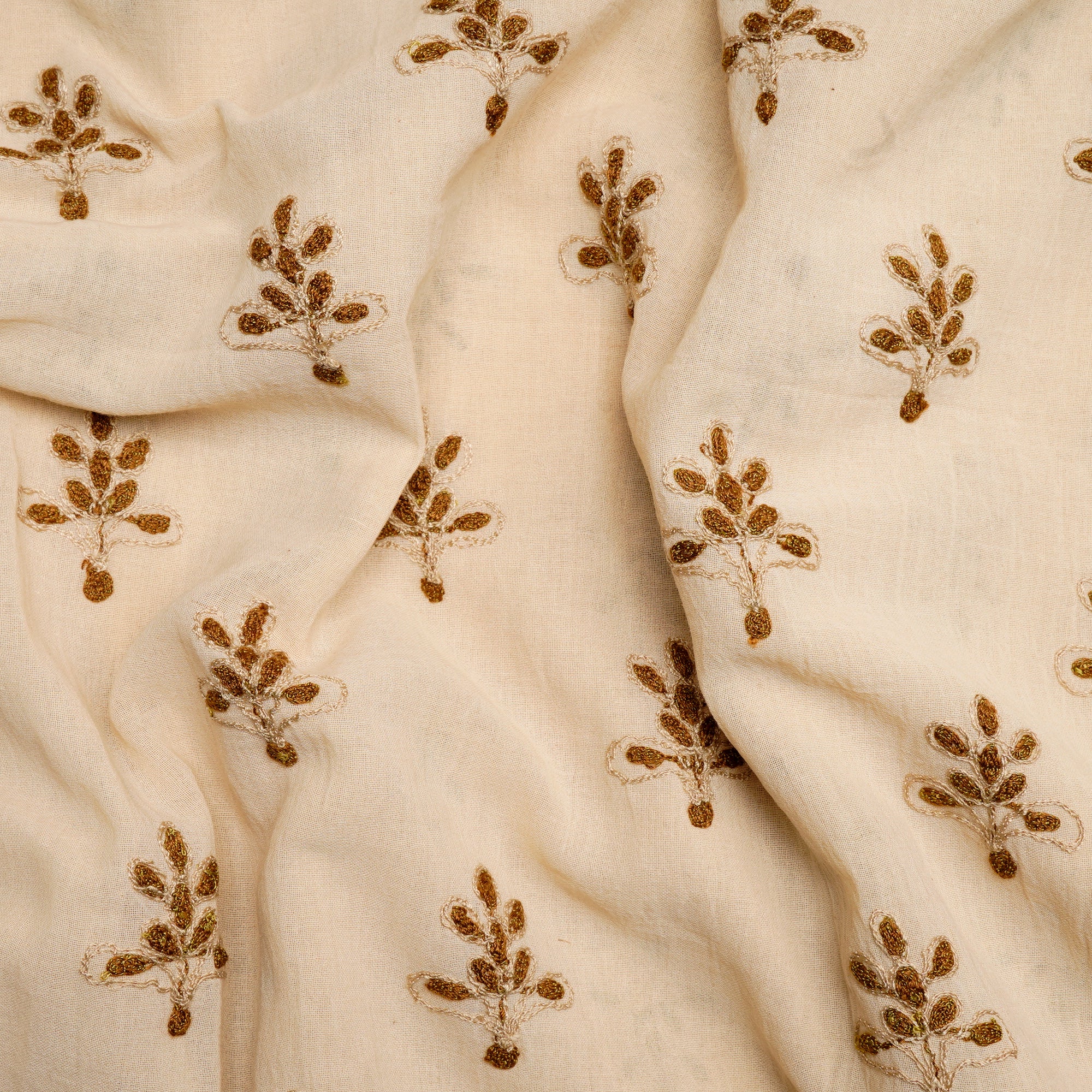 Cream Color Embroidered Cotton Voile Fabric