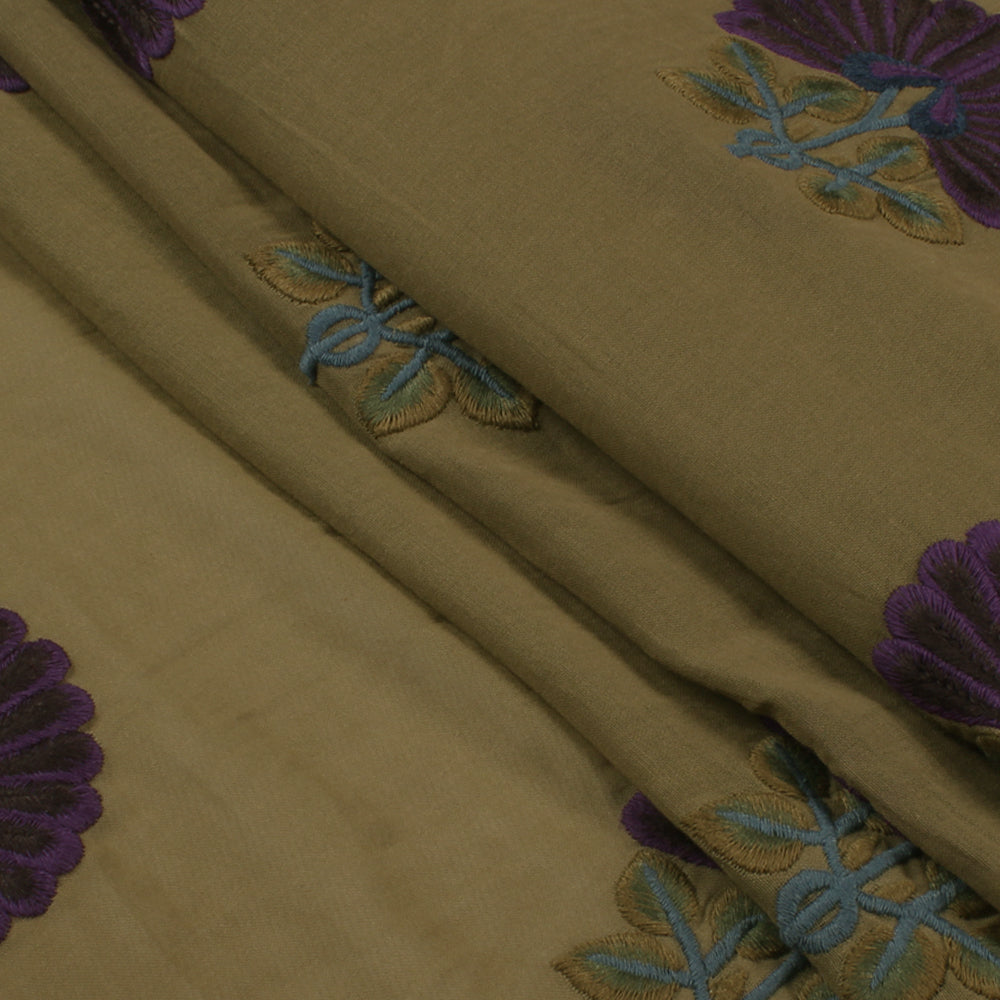 Khaki Color Embroidered Cotton Voile Fabric