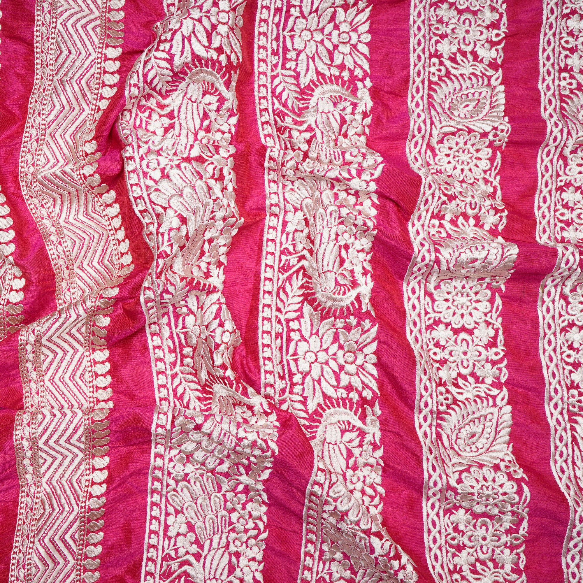 Pink Color Embroidered Border Design Polyester Fabric