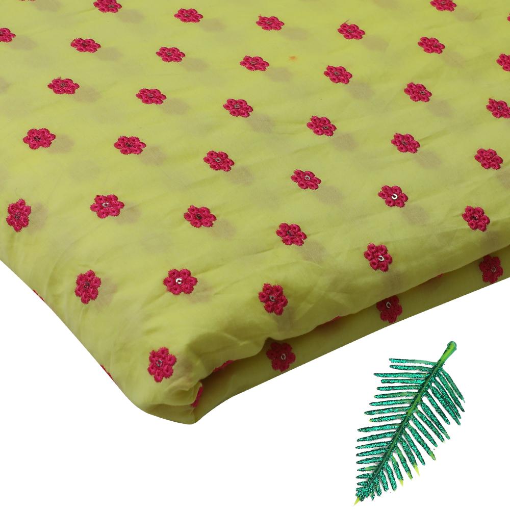 Yellow-Pink Color Embroidered Cotton Lawn Fabric