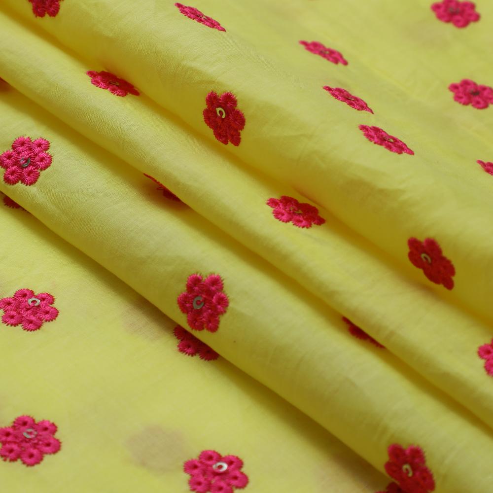 Yellow-Pink Color Embroidered Cotton Lawn Fabric