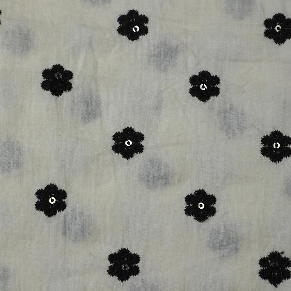 Off White-Black Color Embroidered Cotton Lawn Fabric