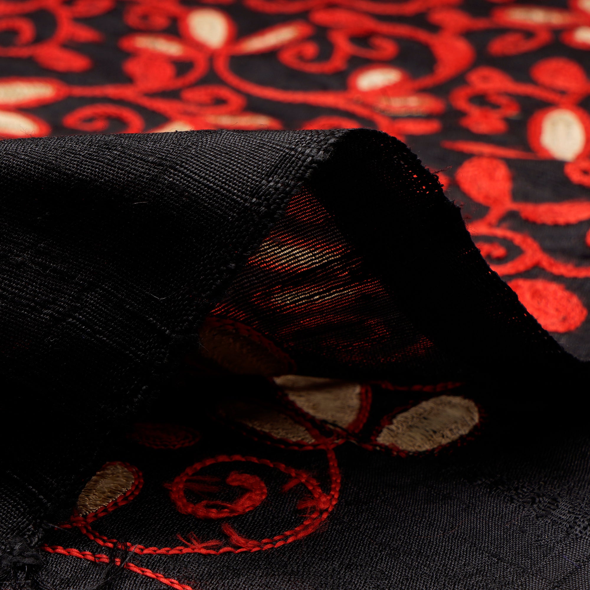 Black-Red Color Embroidered Dupion Silk Fabric