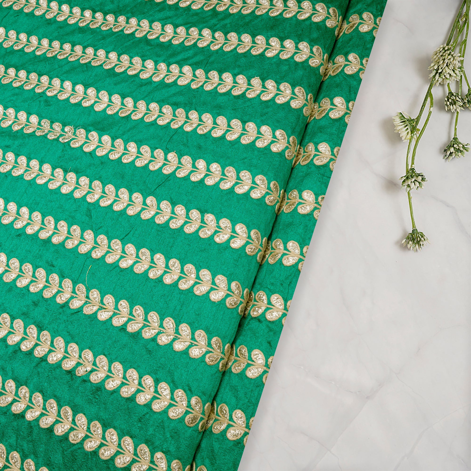 Green Color Embroidered Polyester Fabric