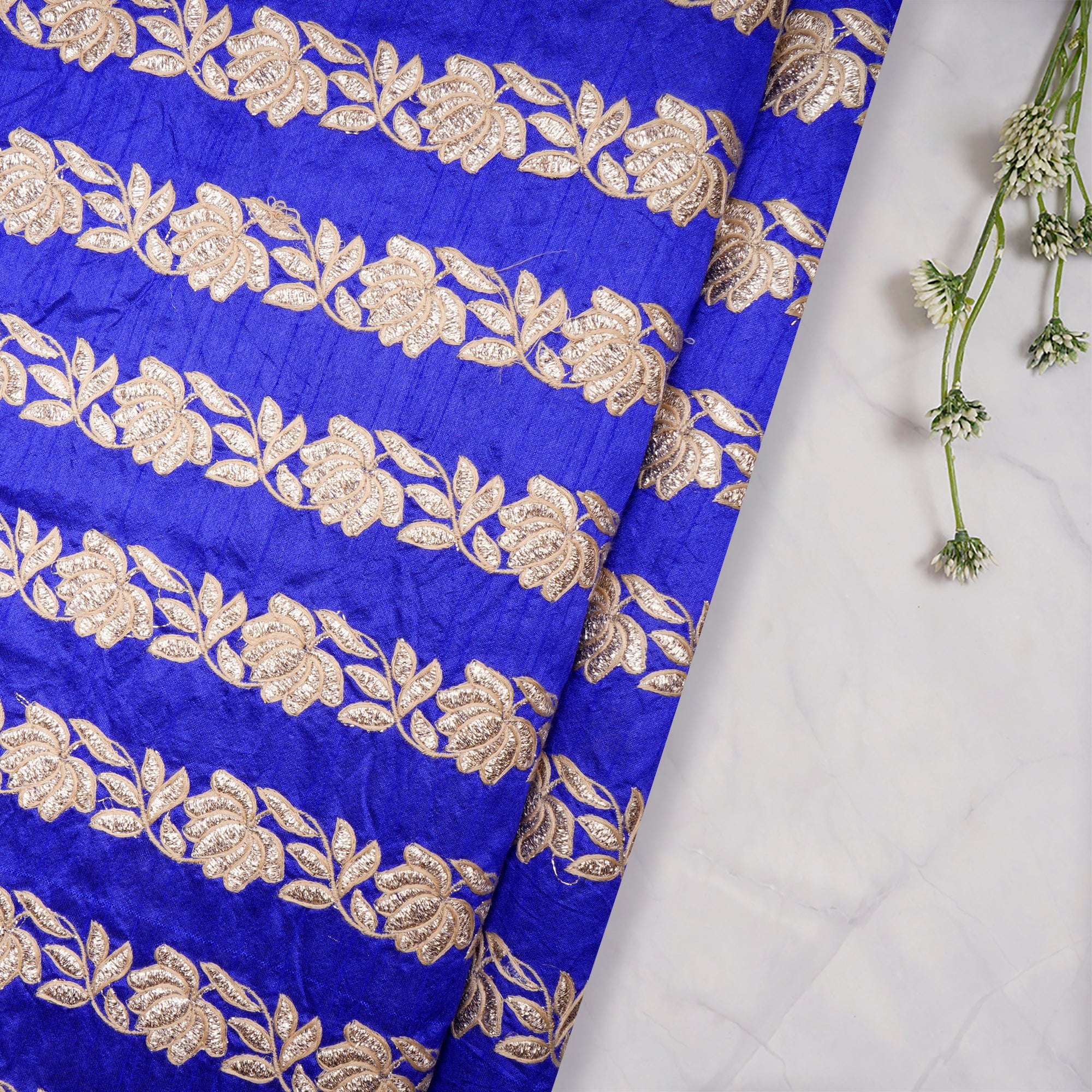 Blue Color Embroidered Polyester Fabric