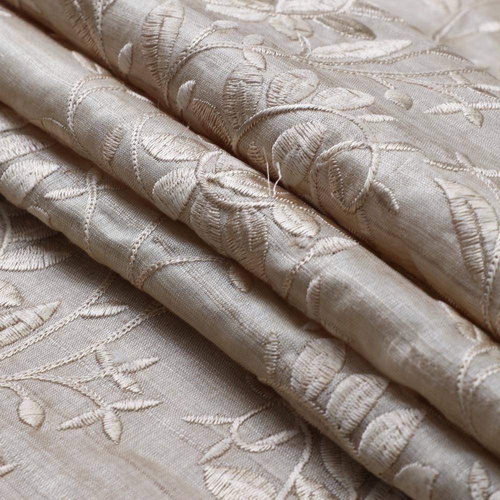 Beige Color Embroidered Tussar Chanderi Fabric