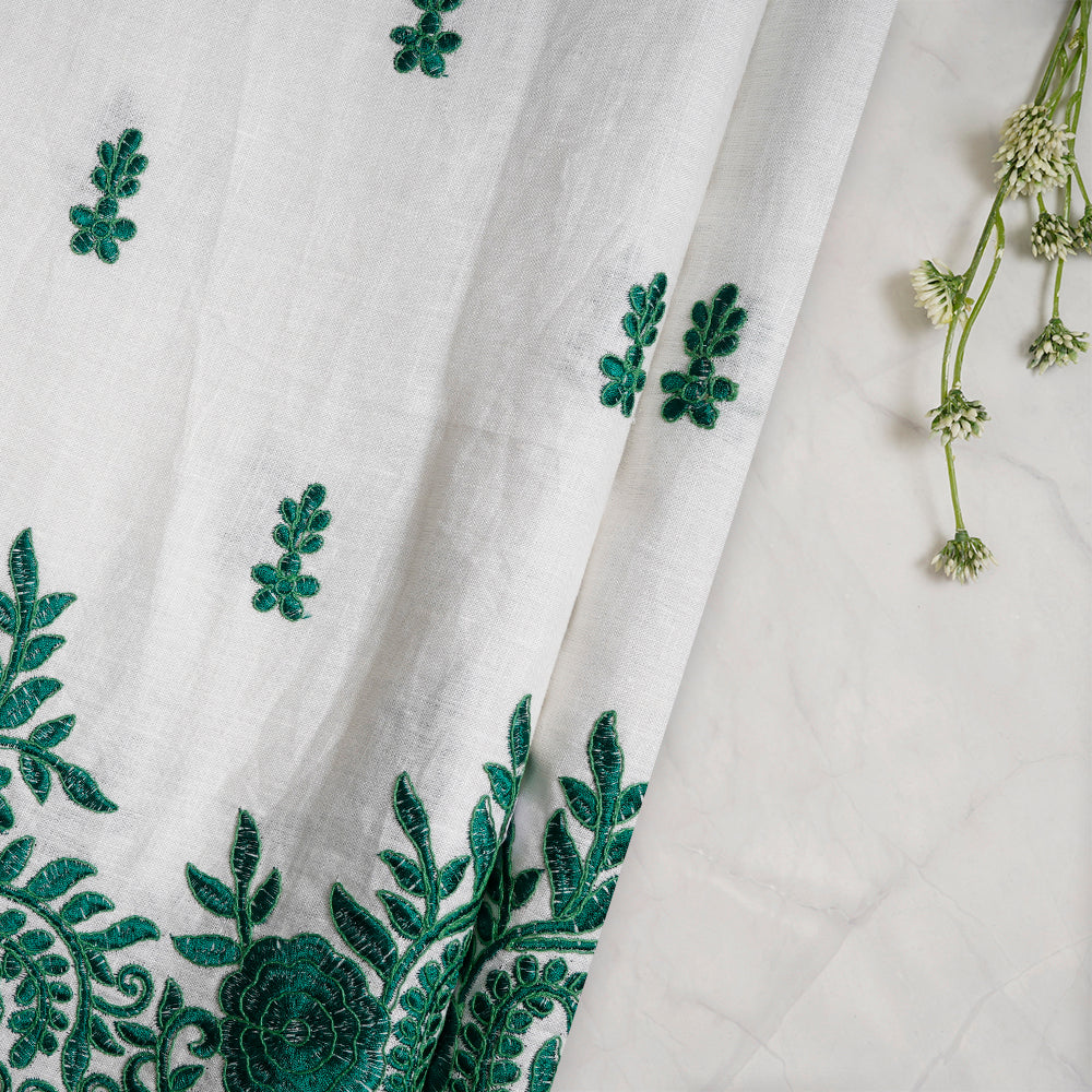 White-Green Color Embroidered Plain Lee Fabric