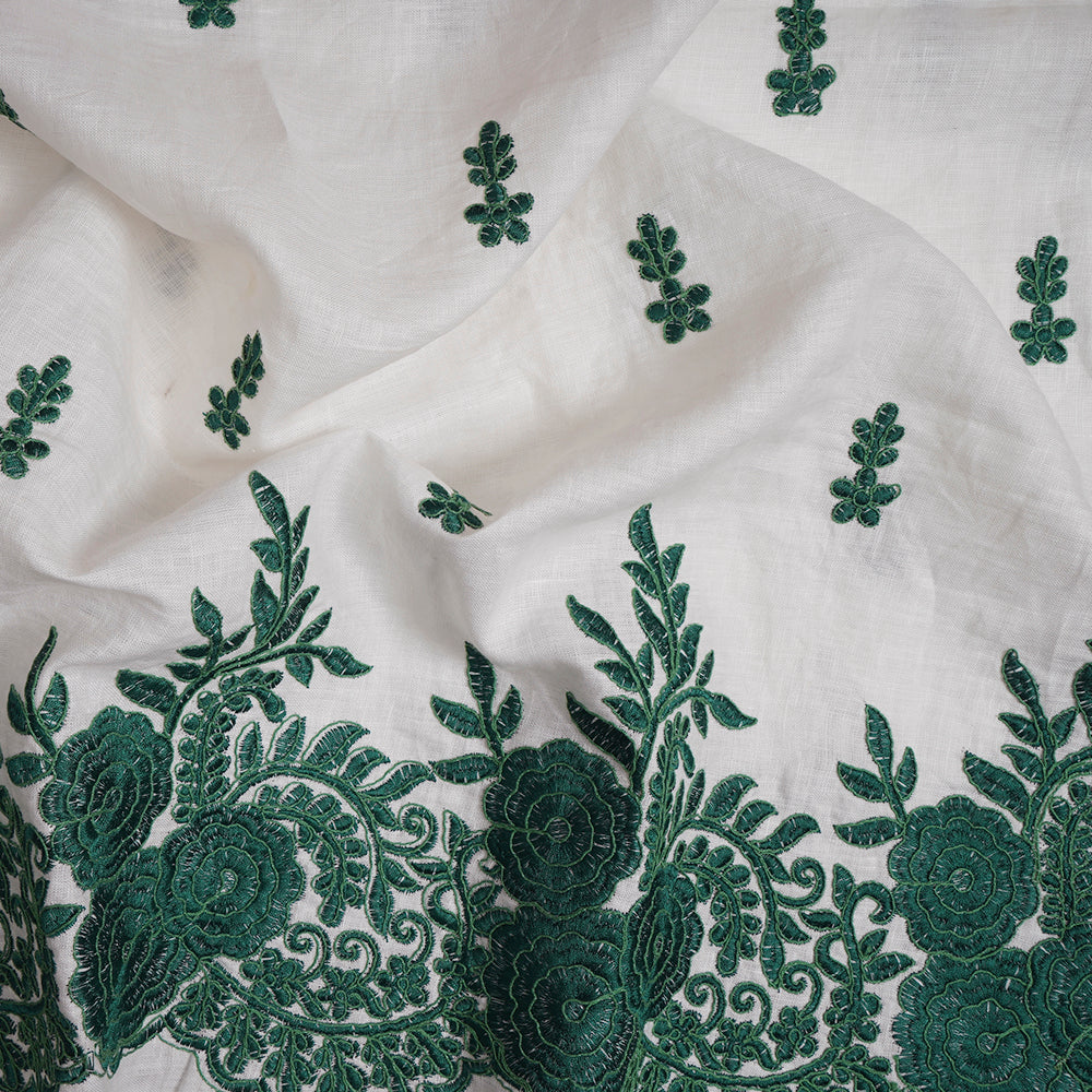 White-Green Color Embroidered Plain Lee Fabric