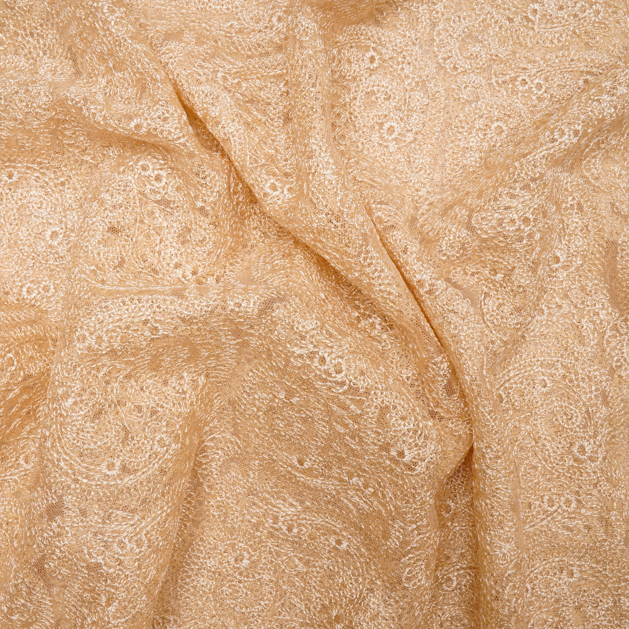 Beige Color Embroidered Nylon Net Fabric