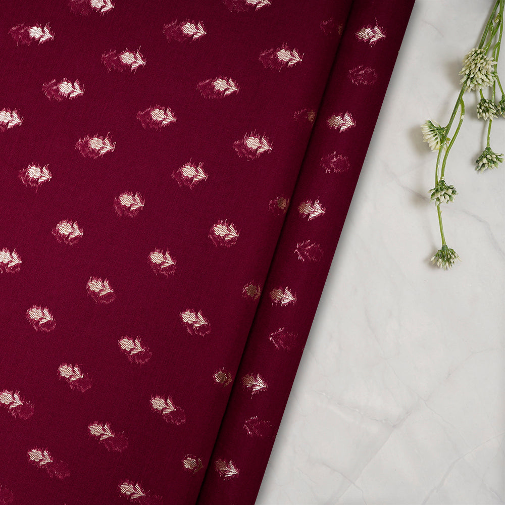 Maroon Motif Pattern Silk-Cotton Jacquard Fabric