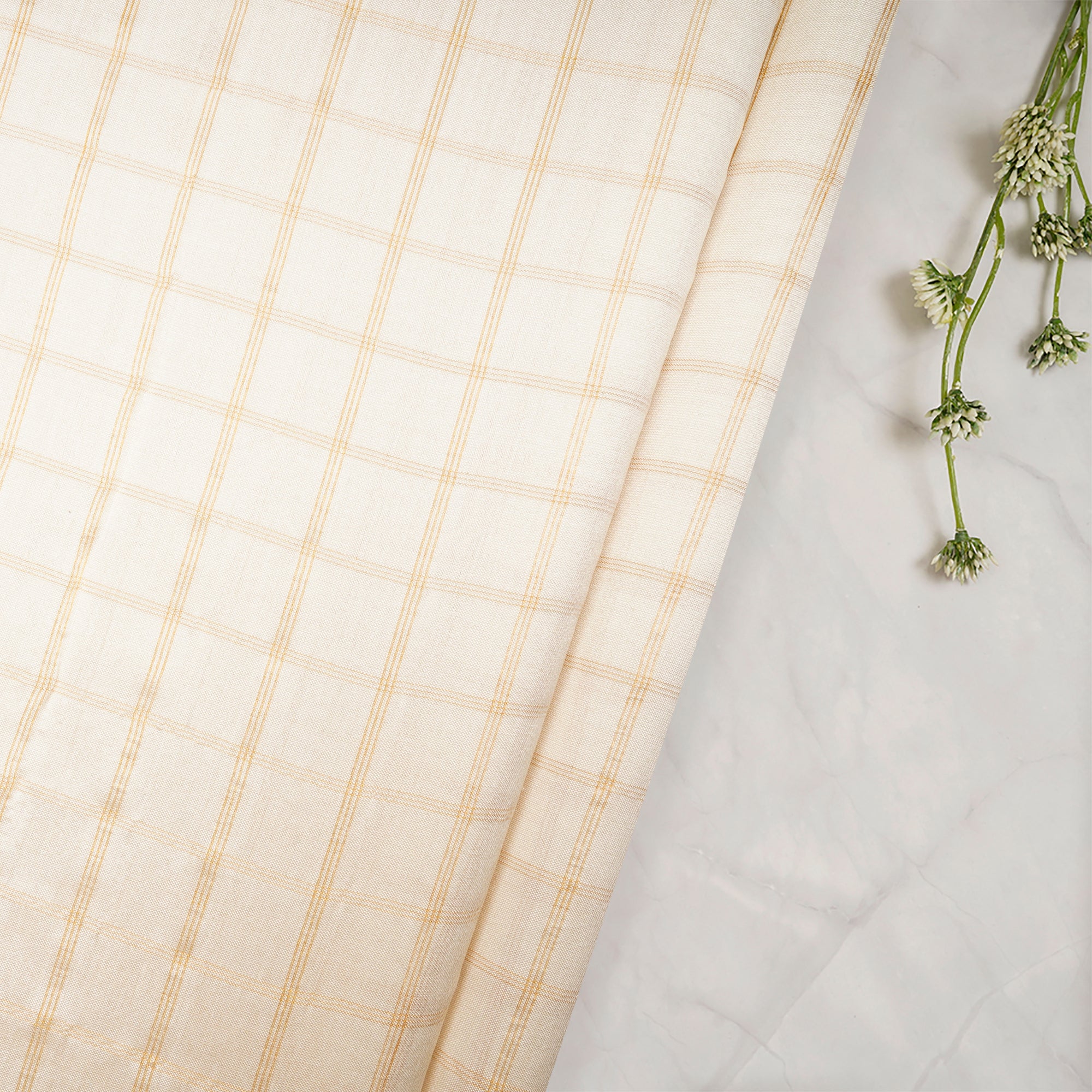 Cream Color Checked Spun Silk Dyeable Fabric