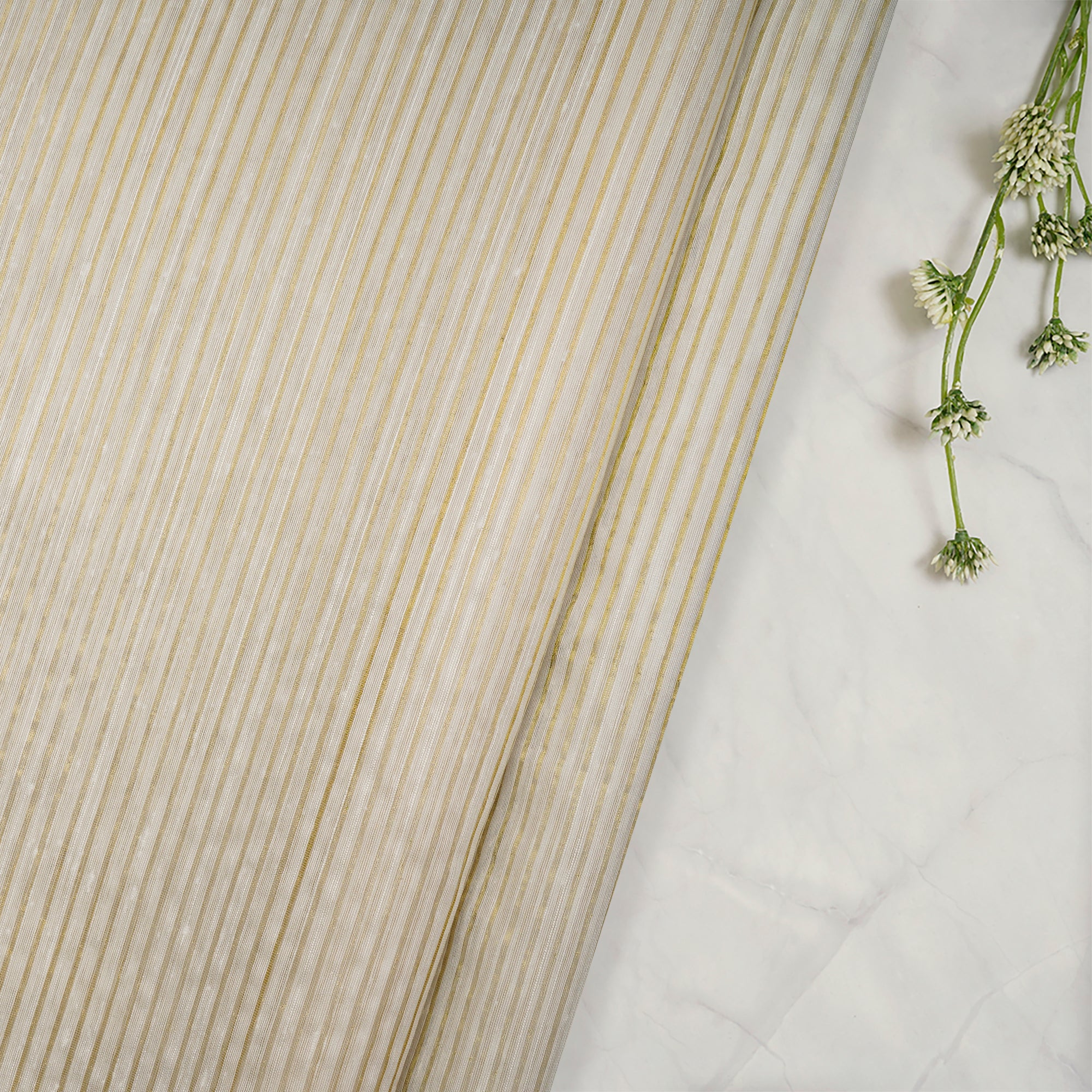 Off- White Color Fancy Striped Chanderi Dyeable Fabric