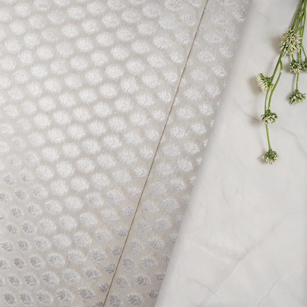 Off White Color Silver Zari Pure Chanderi Jacquard Fabric