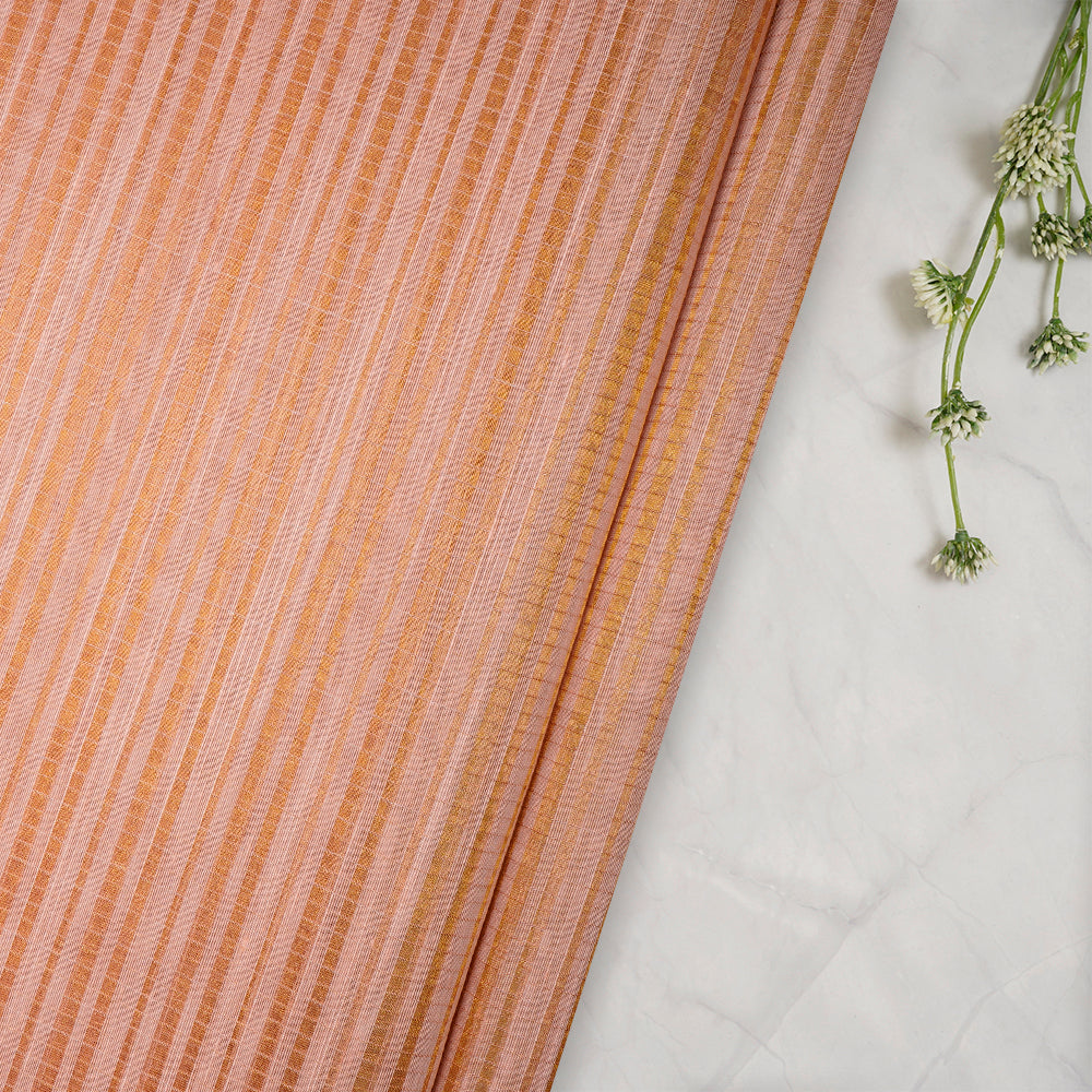 Peach Color Golden Zari Striped Fancy Silk-Cotton Tissue Fabric
