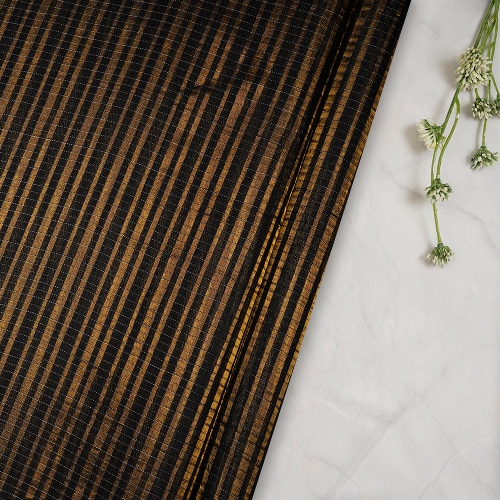 Black Color Golden Zari Striped Fancy Silk-Cotton Tissue Fabric
