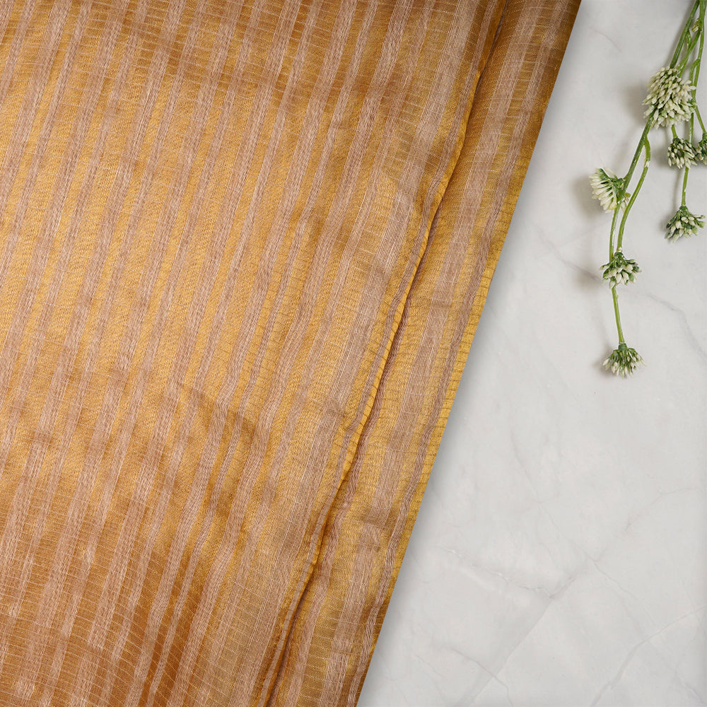 Tan Color Golden Zari Striped Fancy Silk-Linen Tissue Fabric