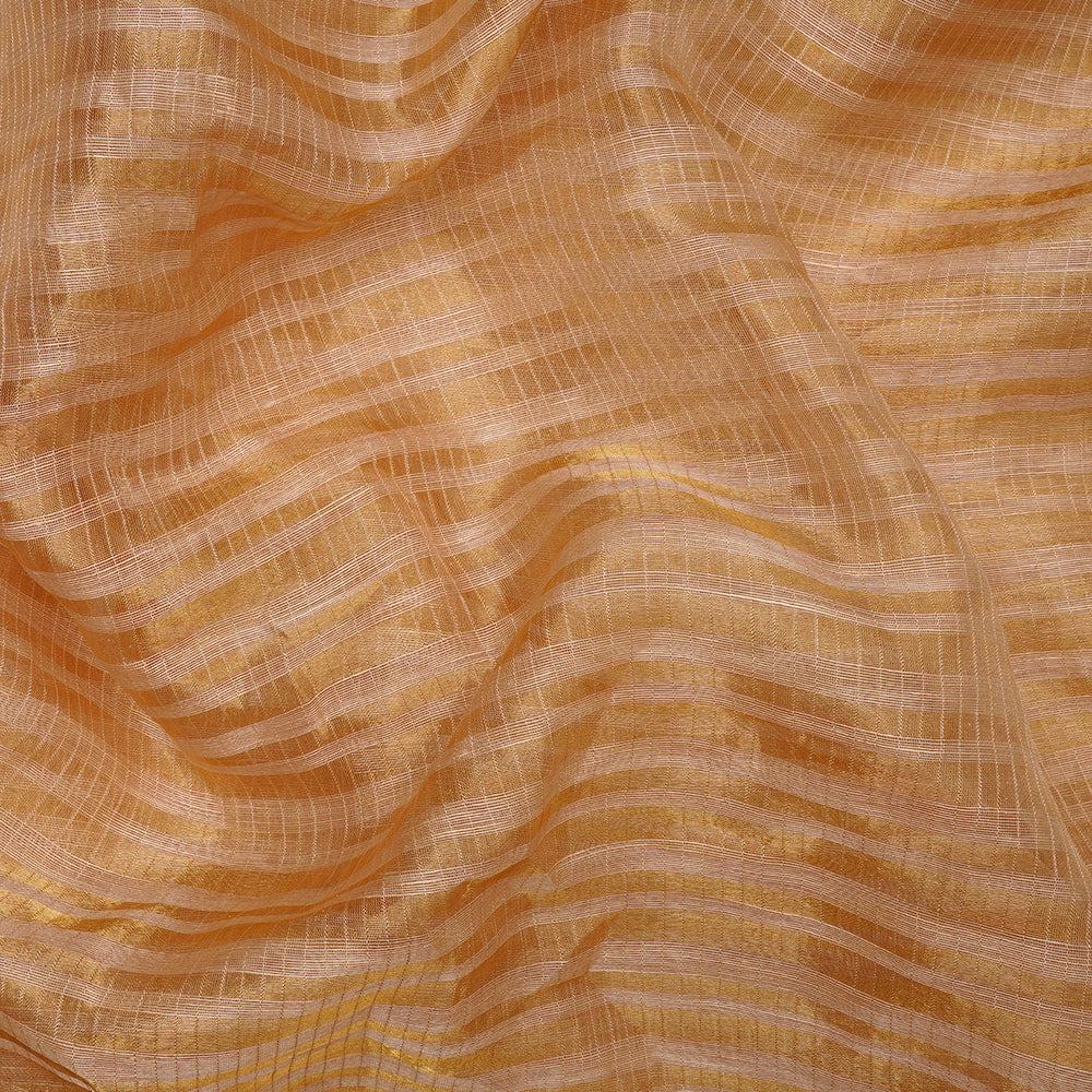 Tan Color Golden Zari Striped Fancy Silk-Linen Tissue Fabric