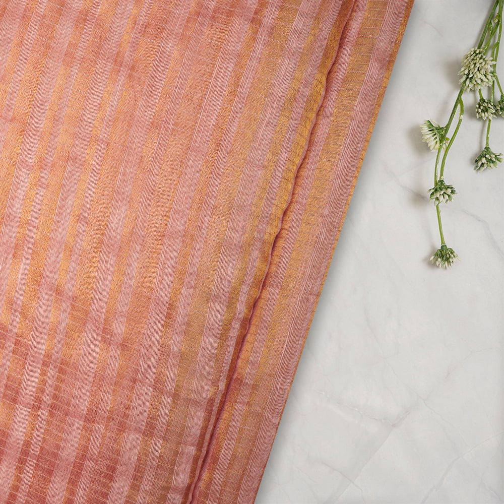 Peach Color Golden Zari Striped Fancy Silk-Linen Tissue Fabric