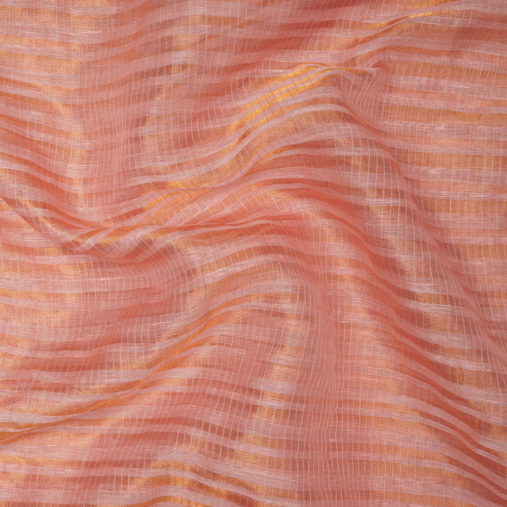 Peach Color Golden Zari Striped Fancy Silk-Linen Tissue Fabric