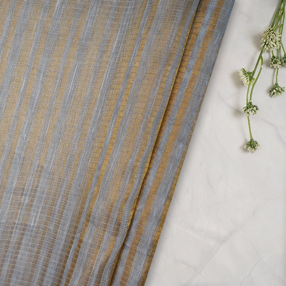 Baby Blue Color Golden Zari Striped Fancy Silk-Linen Tissue Fabric