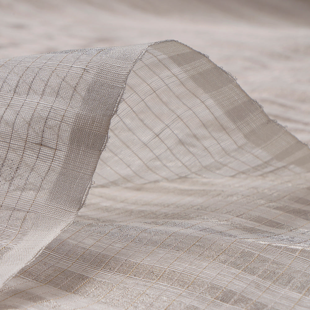 White Color Silver Zari Striped Fancy Silk-Linen Tissue Fabric
