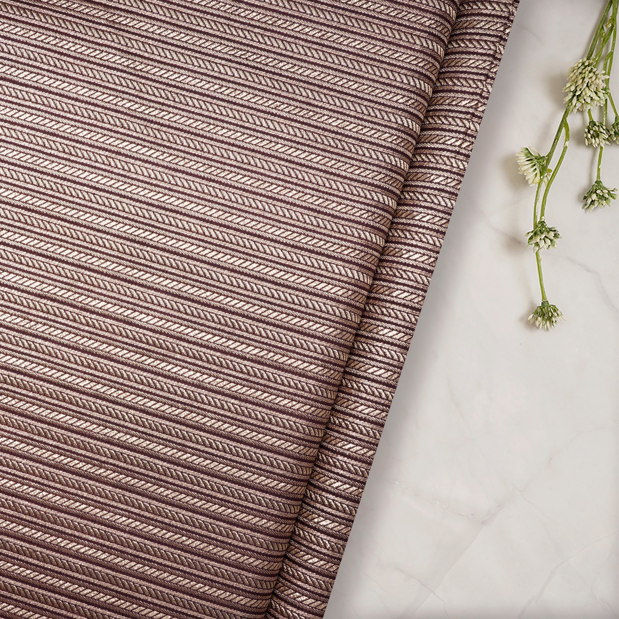 Brown Stripe Pattern Blended Banarasi Brocade Fabric