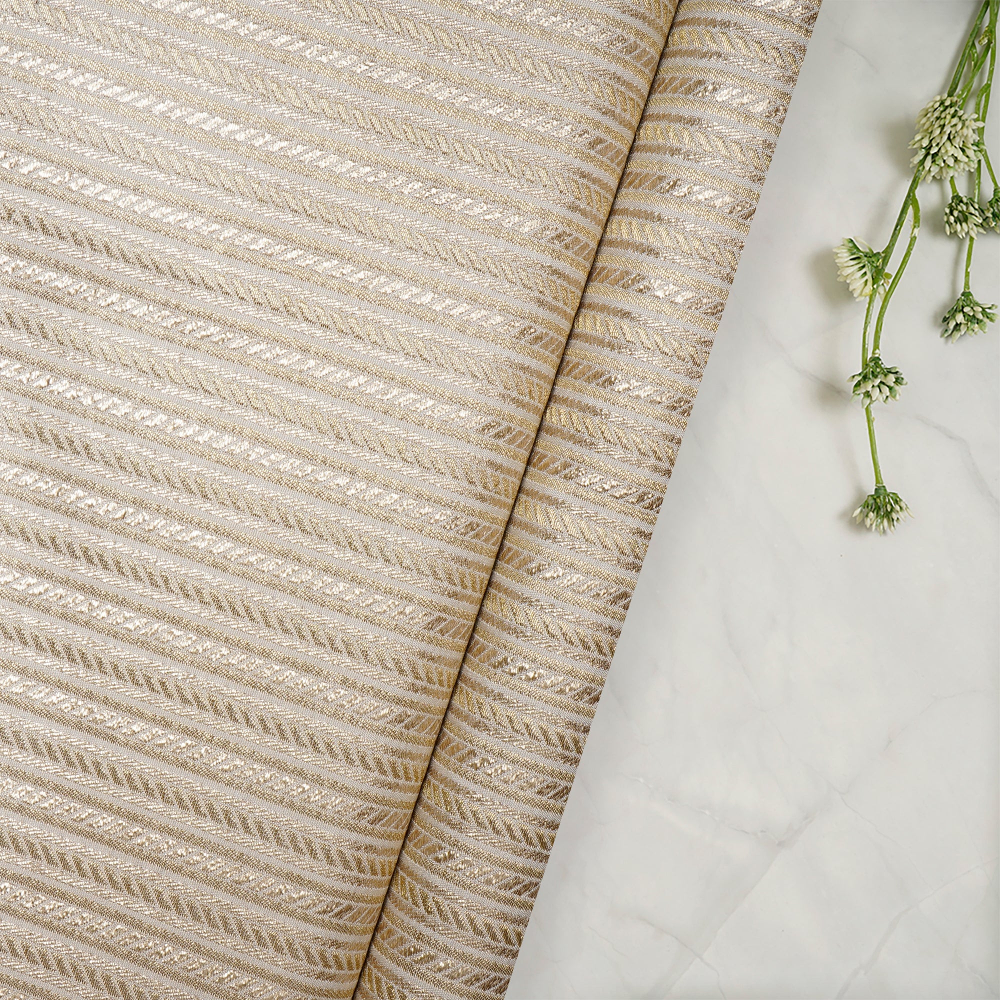 Off White-Gold Stripe Pattern Blended Banarasi Brocade Fabric