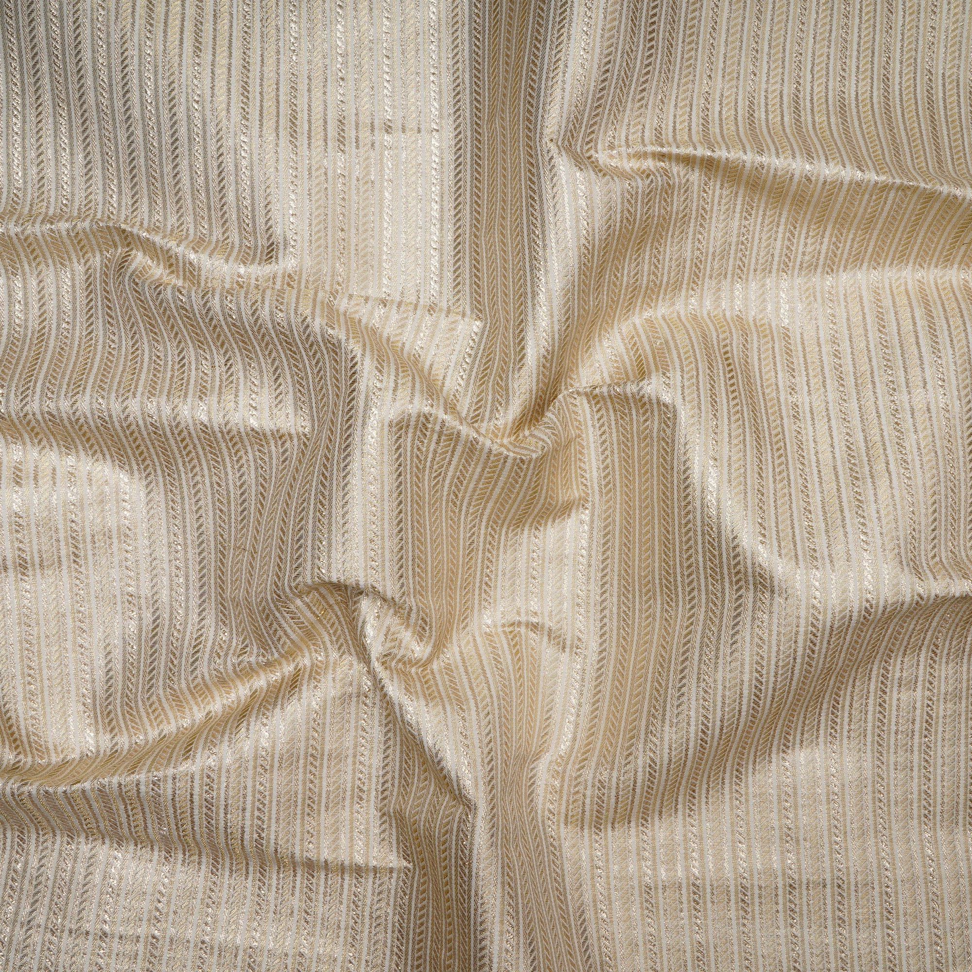 Off White-Gold Stripe Pattern Blended Banarasi Brocade Fabric