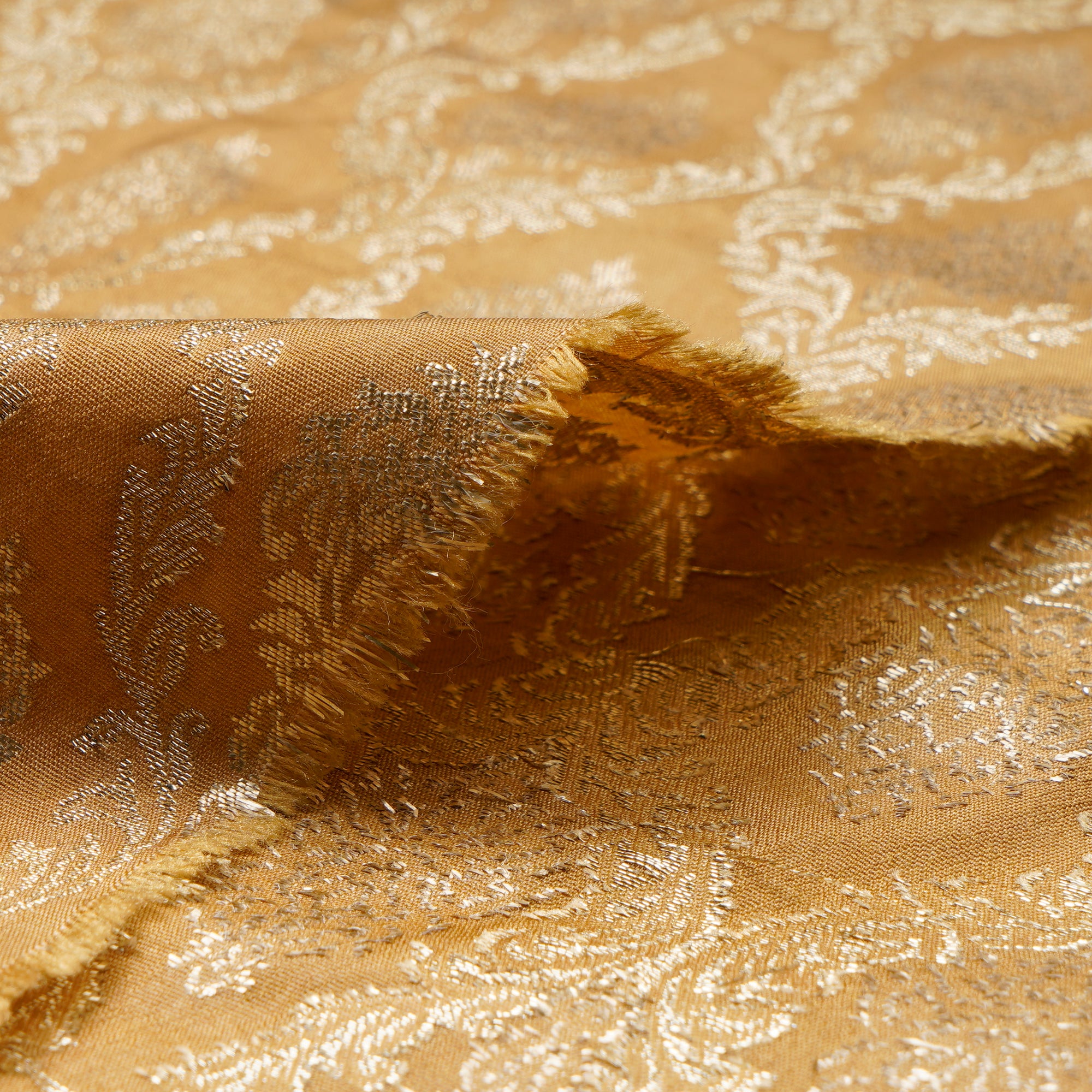 Amber Gold All Over Floral Pattern Blended Banarasi Brocade Fabric