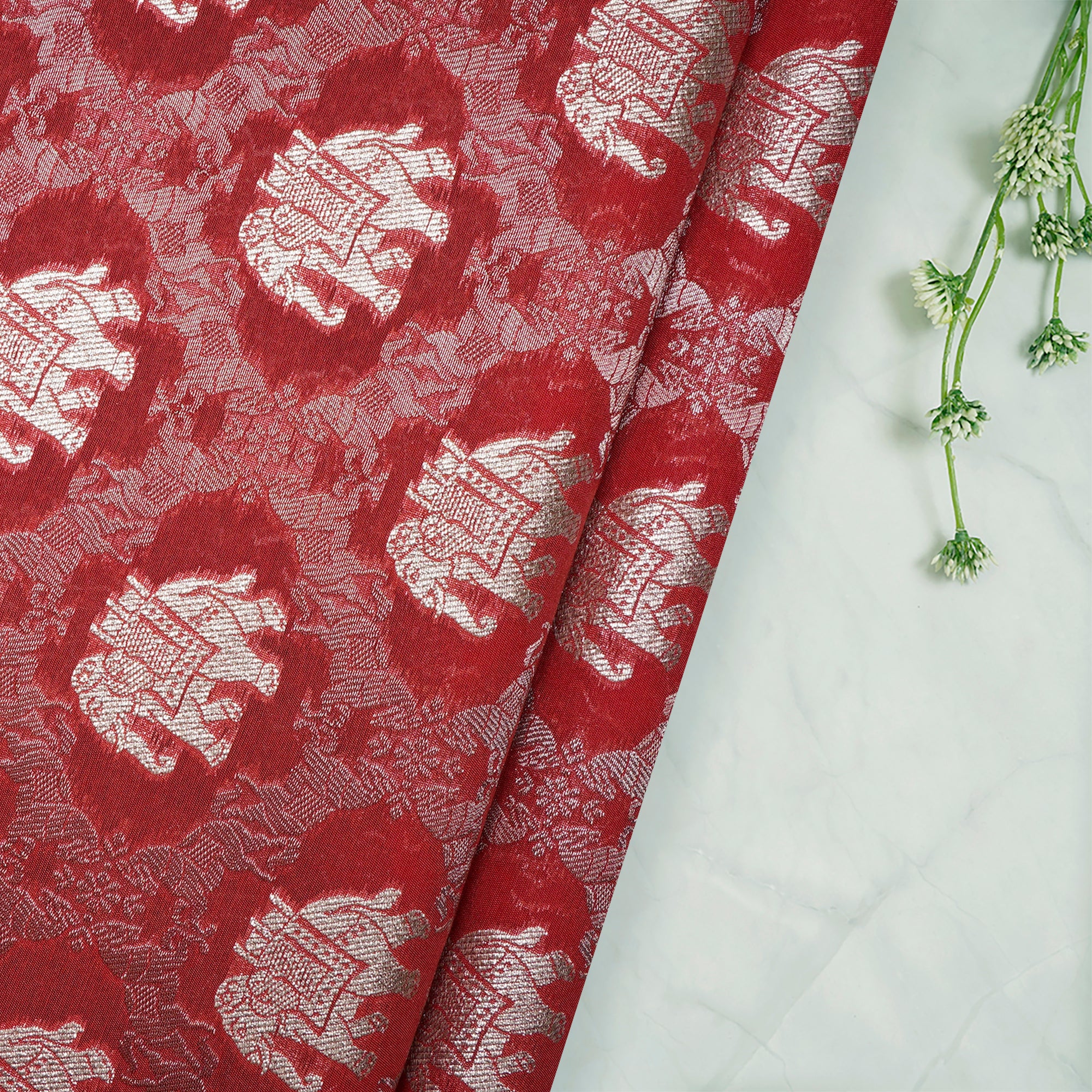 Red Traditional Pattern Blended Banarasi Brocade Fabric