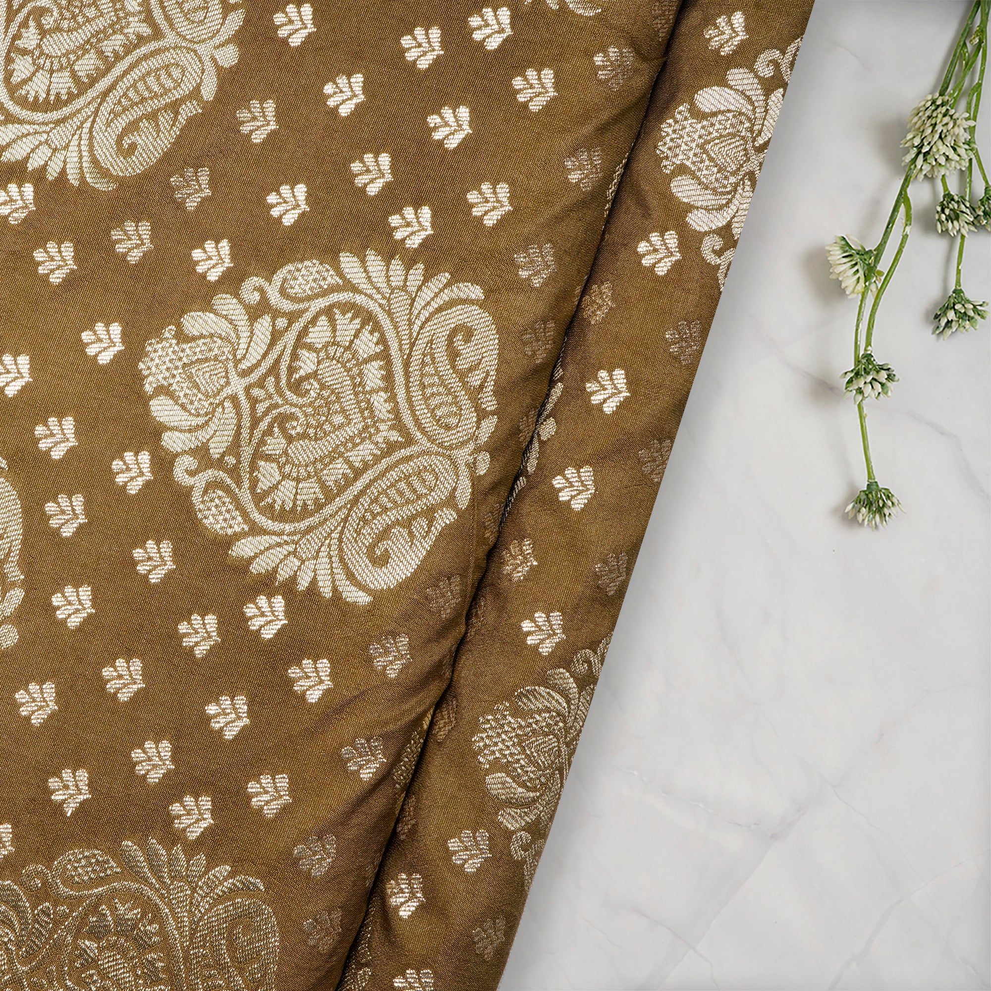 Ecru Olive Floral Booti Pattern Blended Banarasi Brocade Fabric