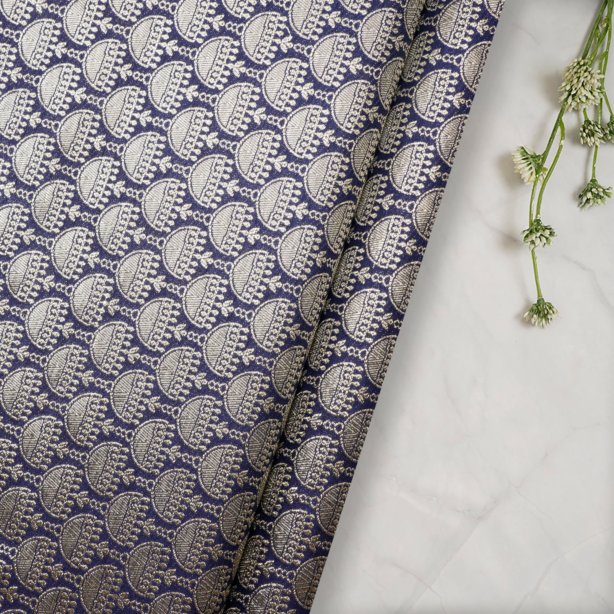Dark Blue All Over Pattern Blended Banarasi Brocade Fabric