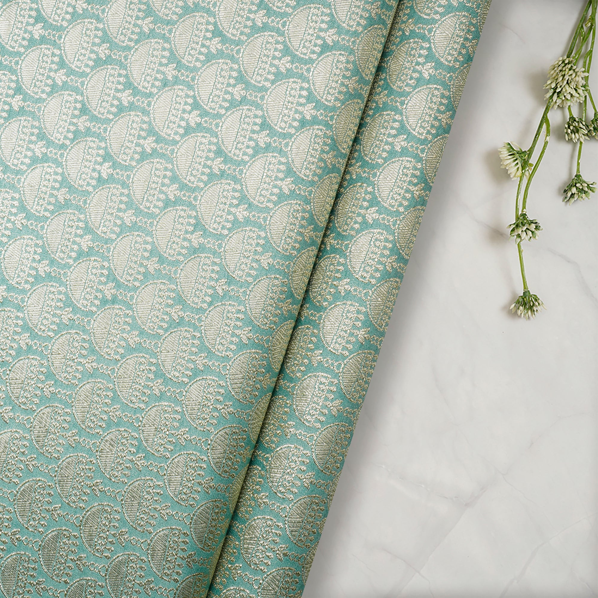 Mist Green All Over Pattern Blended Banarasi Brocade Fabric