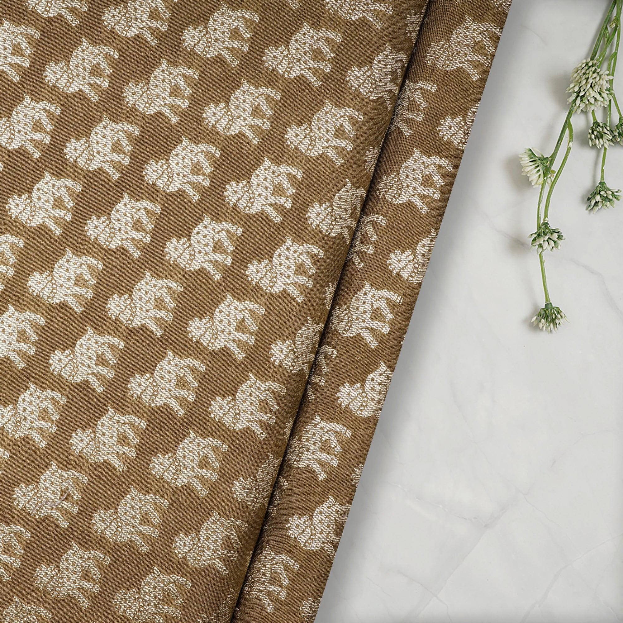 Dull Gold Animal Pattern Blended Banarasi Brocade Fabric