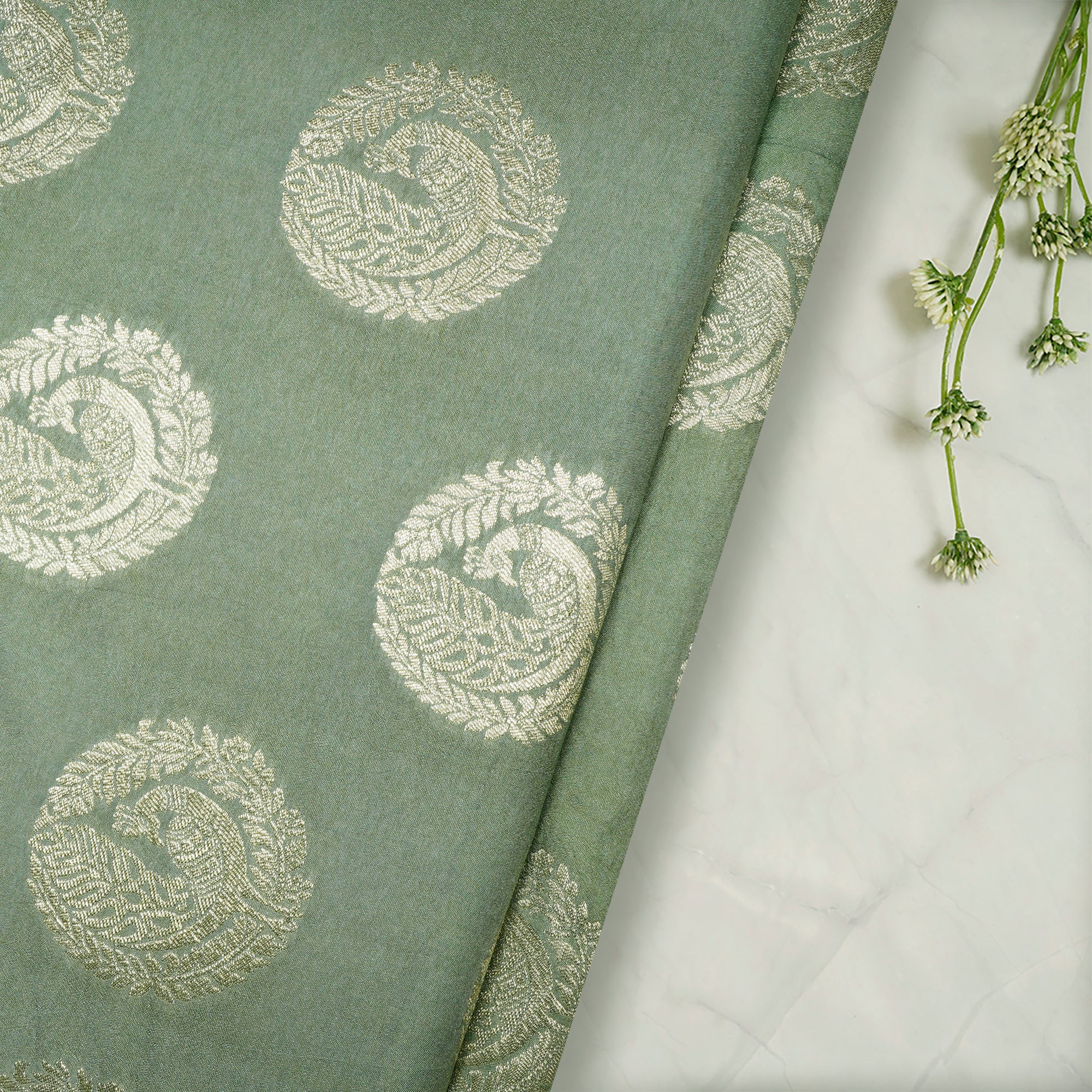 Mint Green Floral Booti Pattern Blended Banarasi Brocade Fabric
