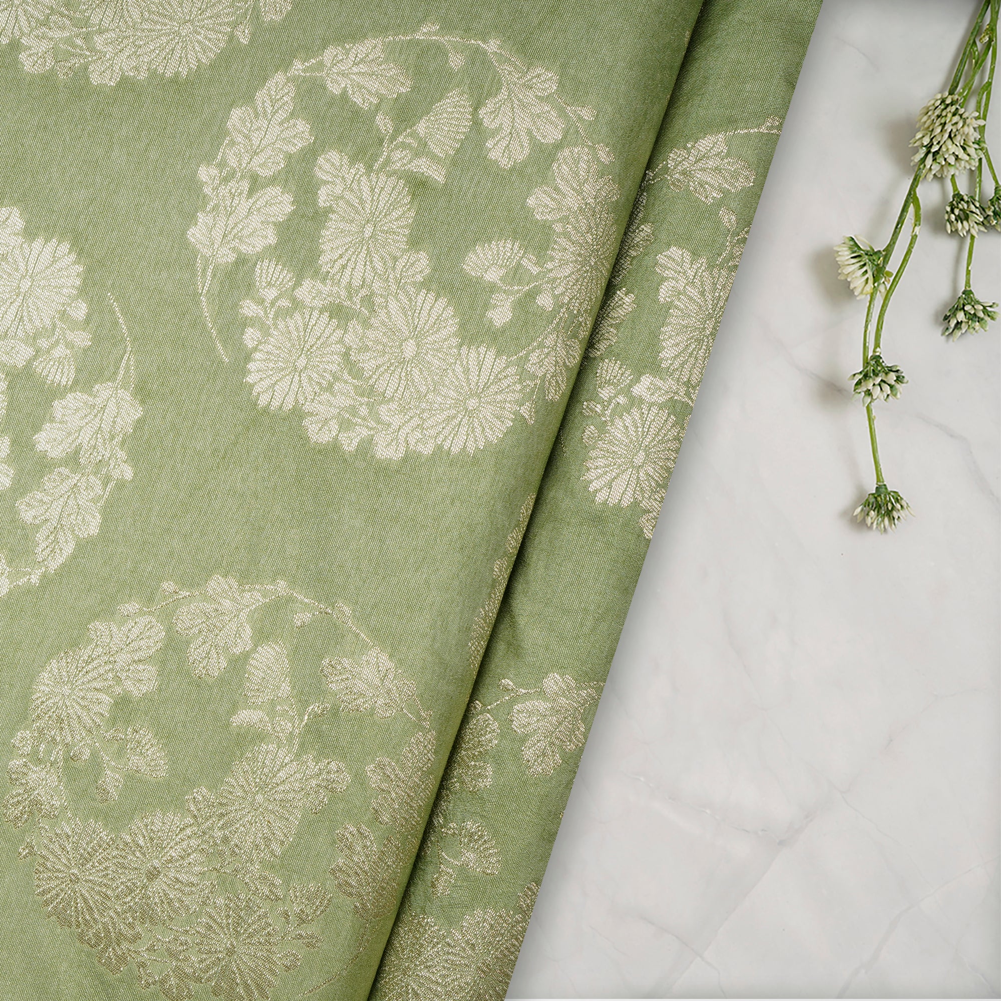 Forest Shade Floral Booti Pattern Blended Banarasi Brocade Fabric