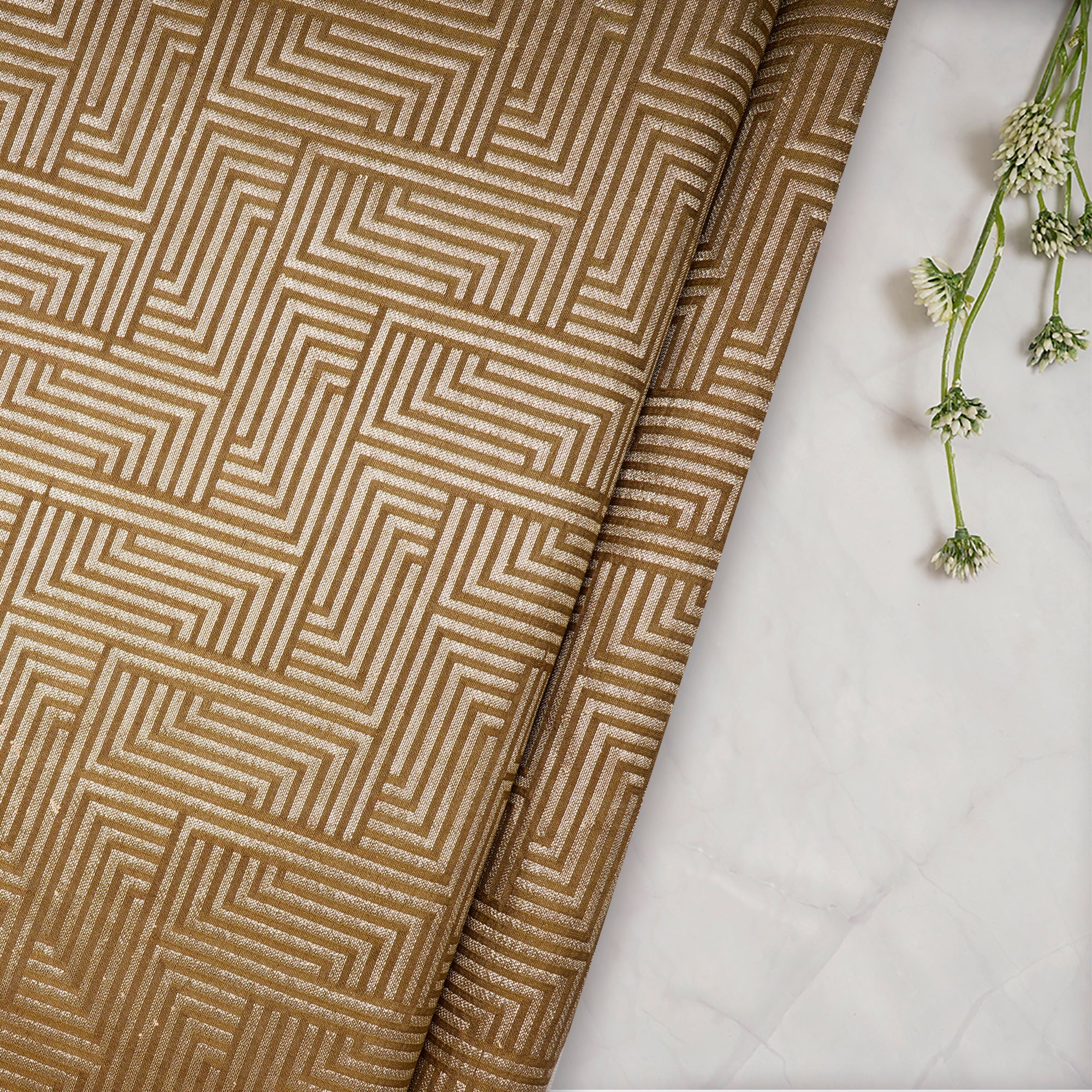 Curry Geometric Pattern Blended Banarasi Brocade Fabric