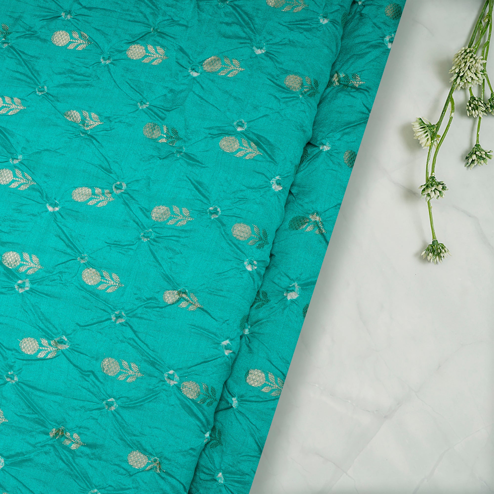 Bright Aqua Natural Dye Bandhni pattern Chiniya Jari Silk Fabric