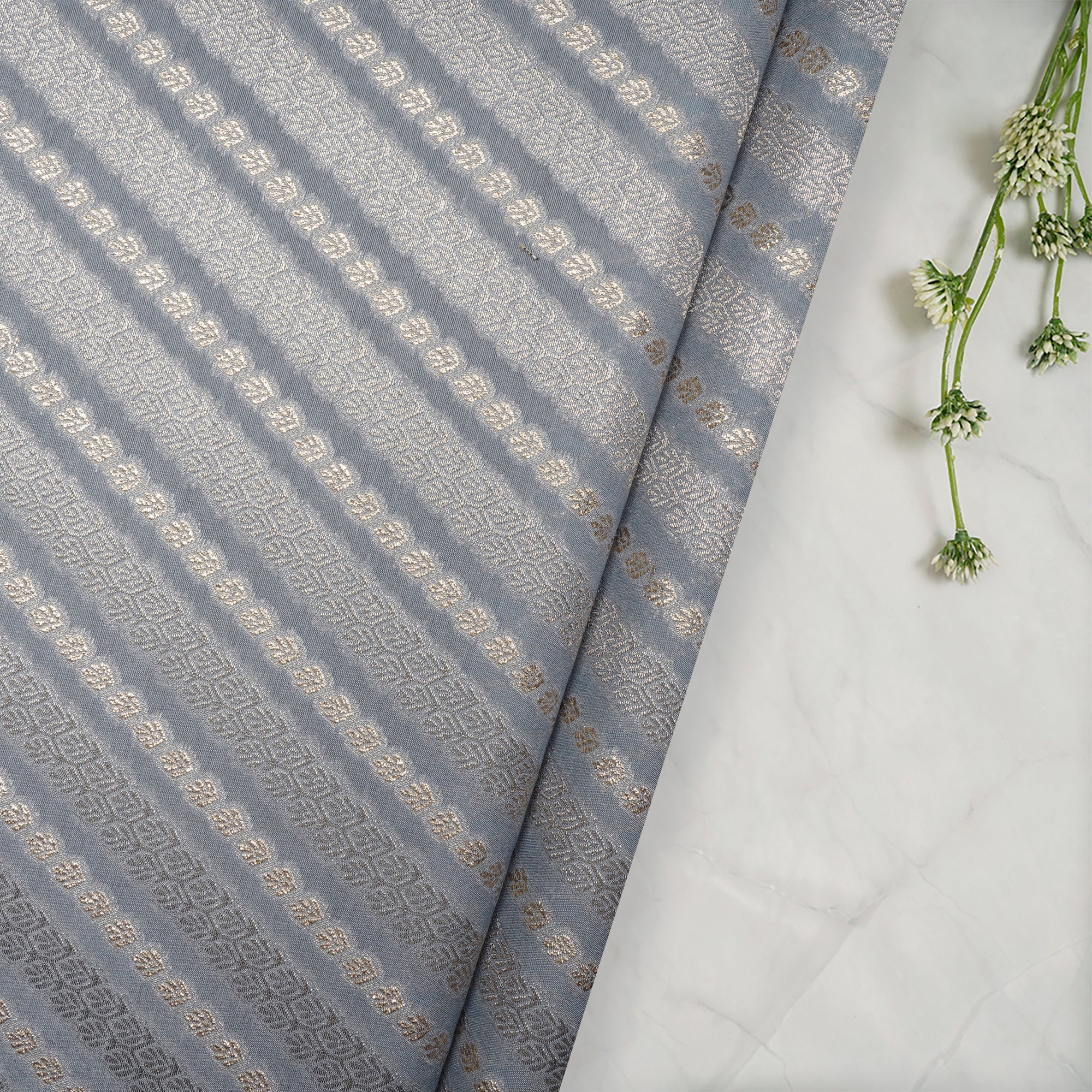 Winter Sky Strip Pattern Blended Banarasi Brocade Fabric