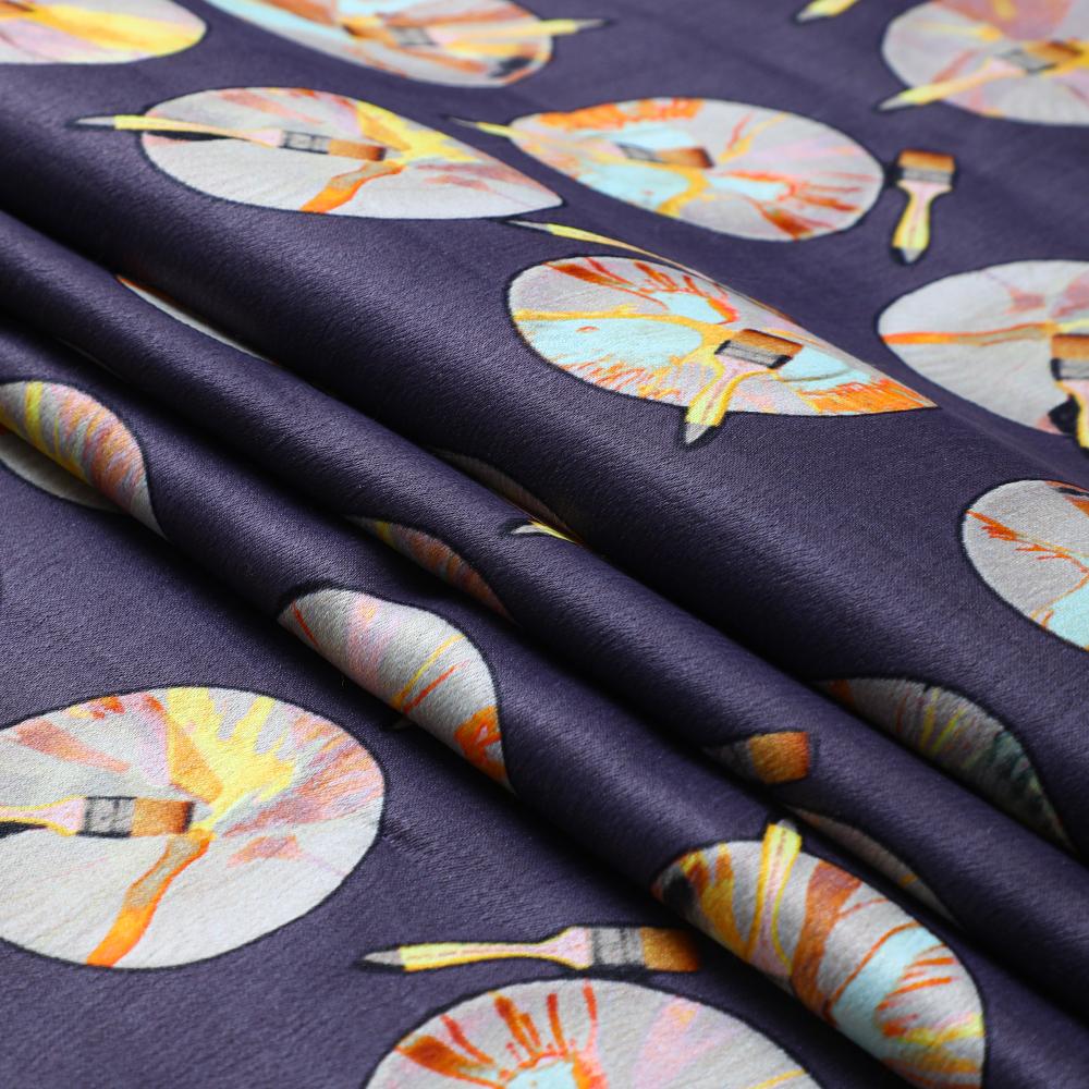 Dark Grey Color Digital Printed Crepe Satin Viscose Fabric