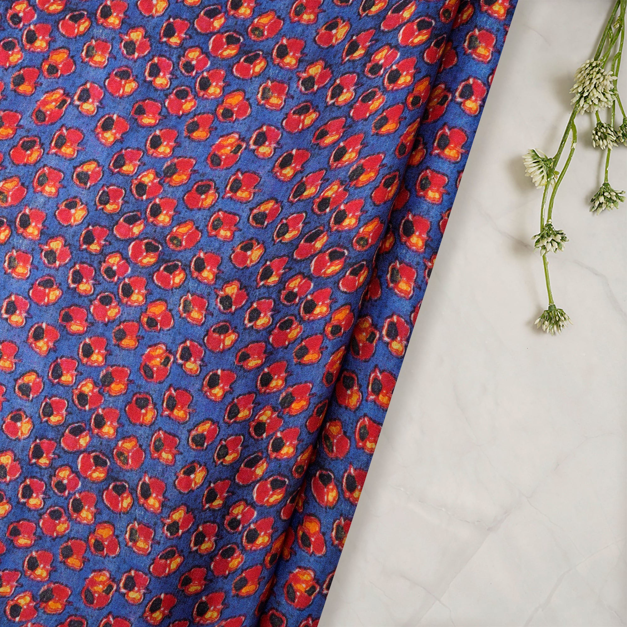 Blue-Red Color Digital Printed Bemberg Satin Georgette Fabric