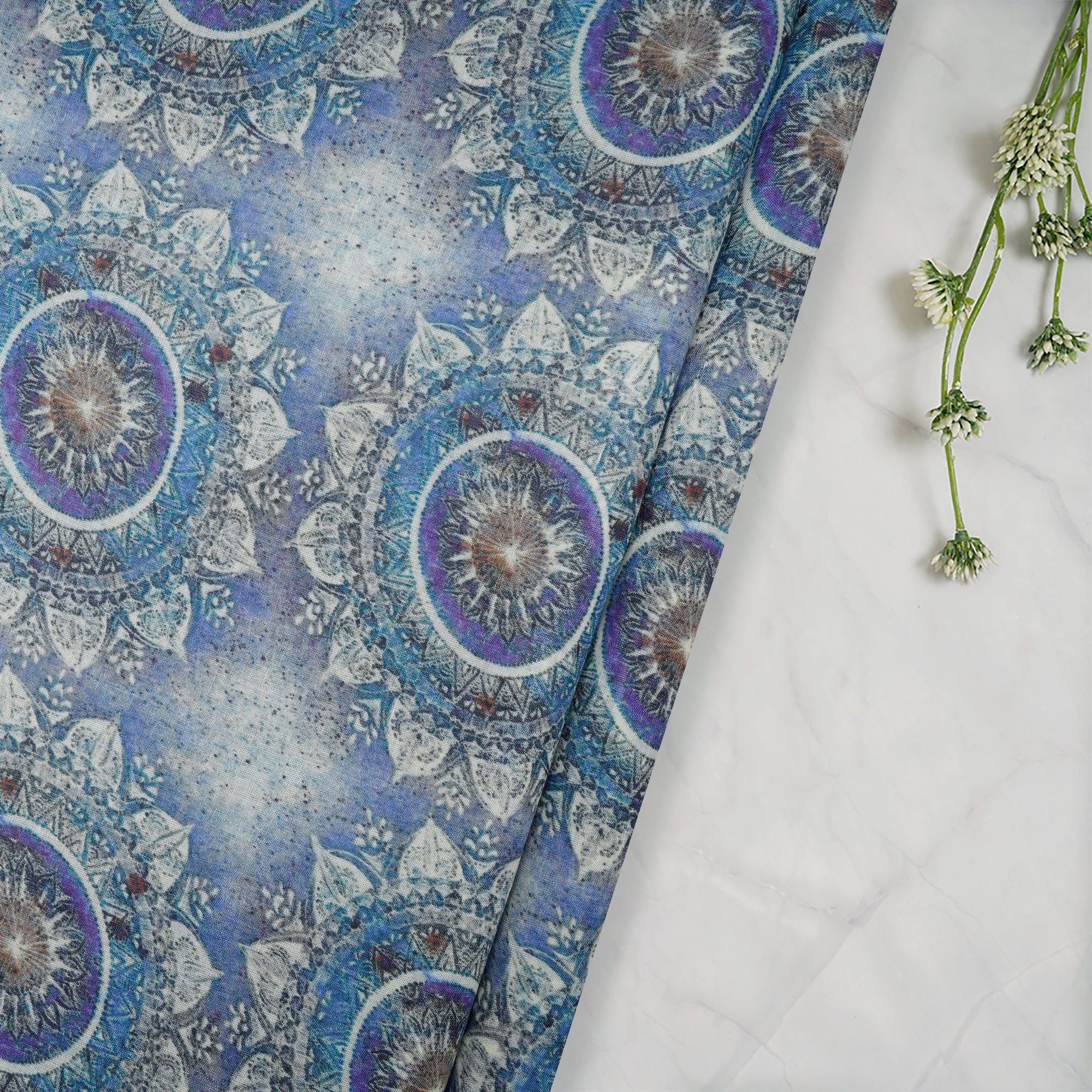 Blue Color Digital Printed Tussar Chanderi Fabric