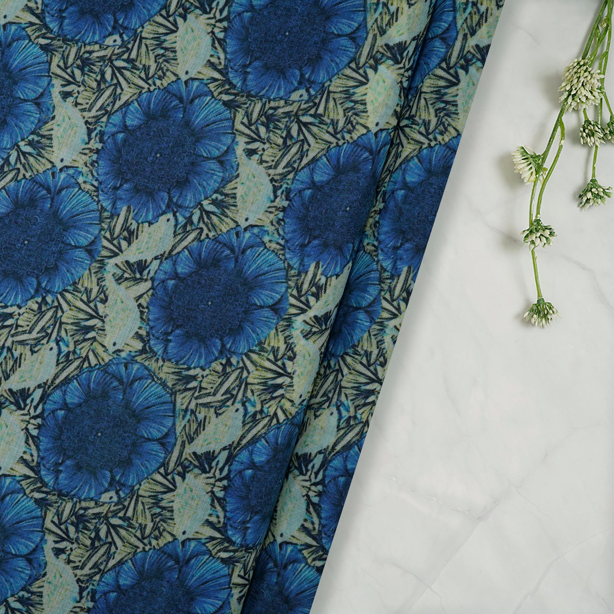 Blue Color Digital Printed Tussar Chanderi Fabric