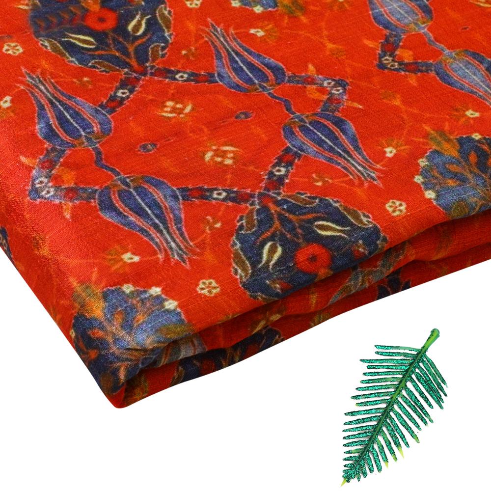 Red Color Digital Printed Dupion Silk Fabric