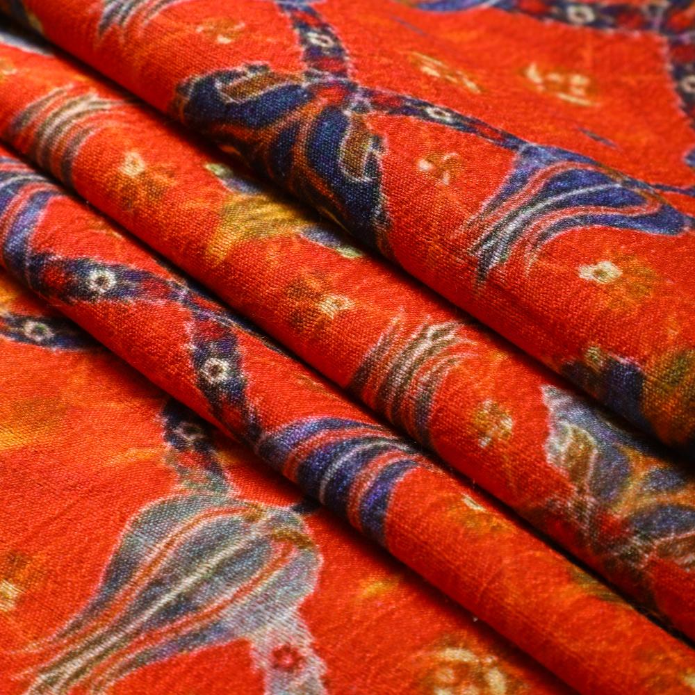 Red Color Digital Printed Dupion Silk Fabric