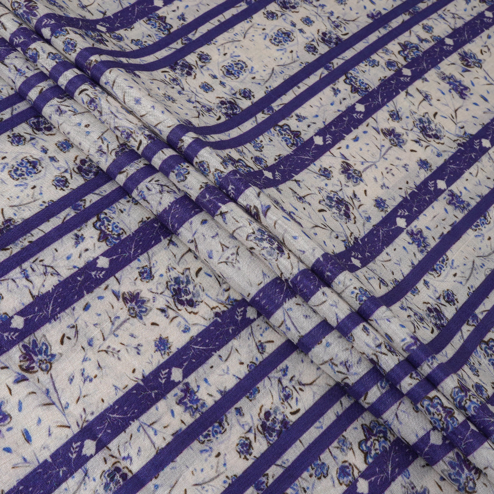 Off-White-Purple Color Digital printed Tussar Chanderi Fabric